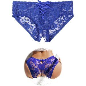 Women's Blue Lace Short Crotchless Sexy Panties Crisscross Strappy Underwear